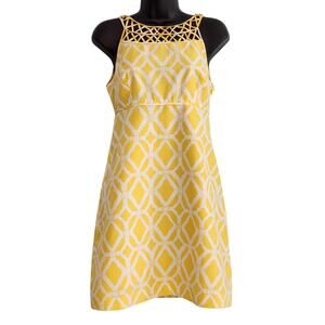 Lilly Pulitzer shift dress yellow & white bamboo print lattice neckline size 2